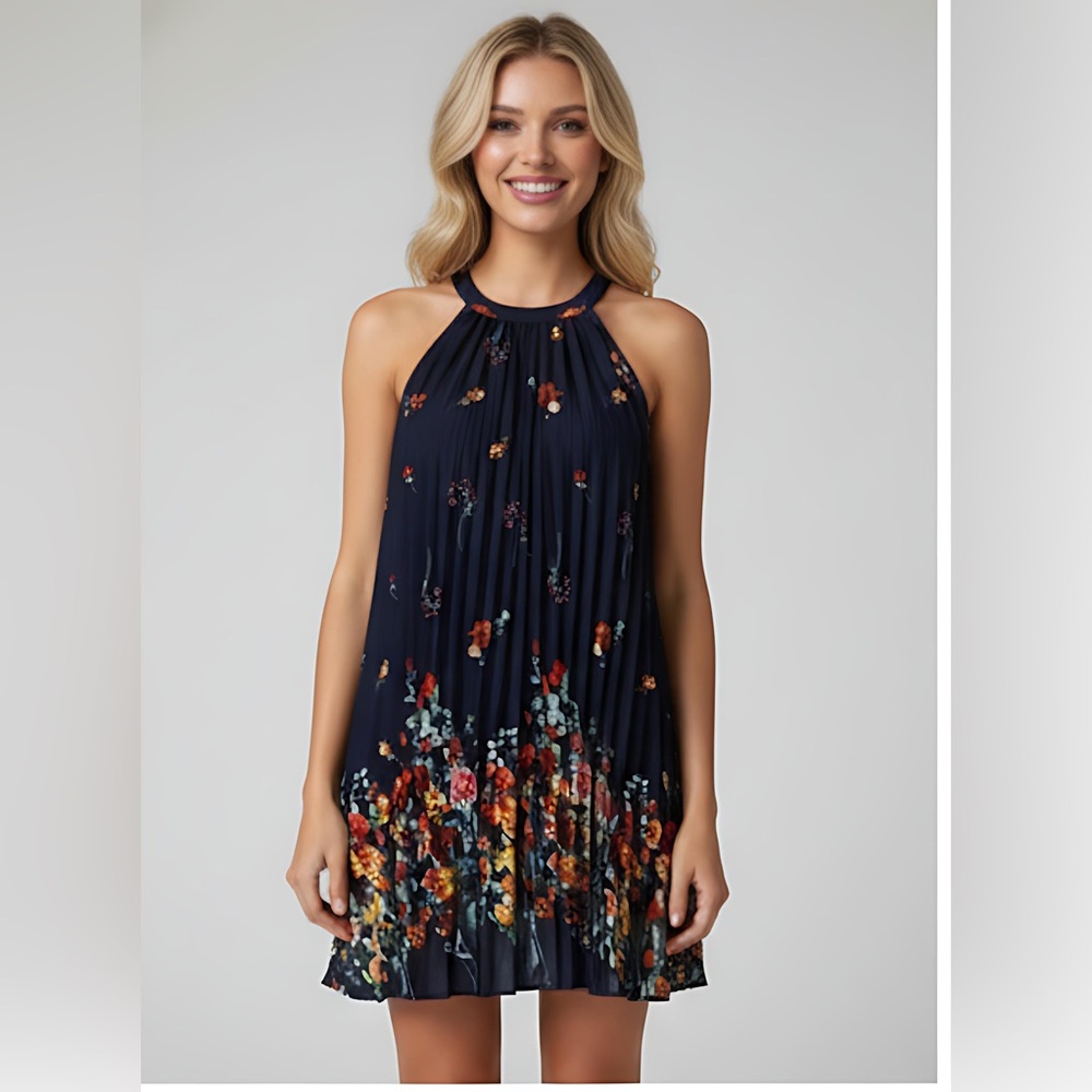 Blue Boho Floral Print Pleated Detail Halter Dress